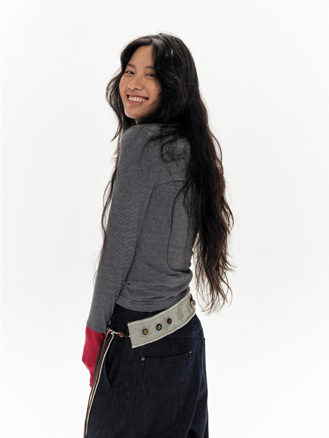 oinimi Green Star Contrast Belt With Lotus Buttons