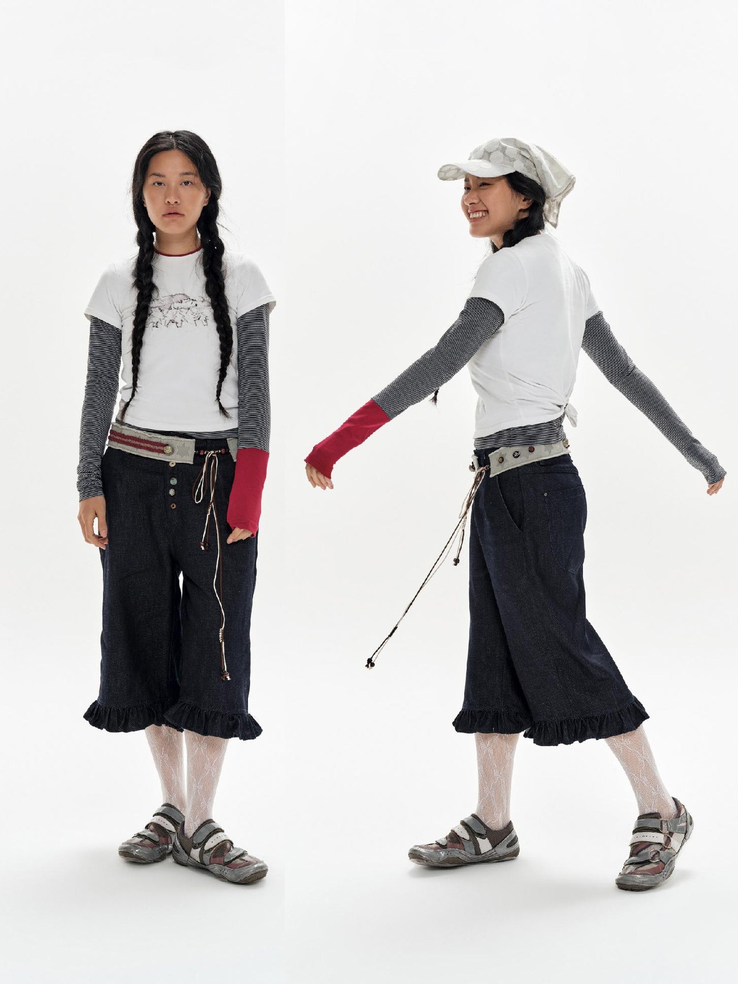 oinimi Green Star Contrast Belt With Lotus Buttons