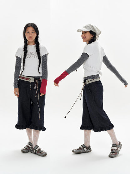 oinimi Green Star Contrast Belt With Lotus Buttons