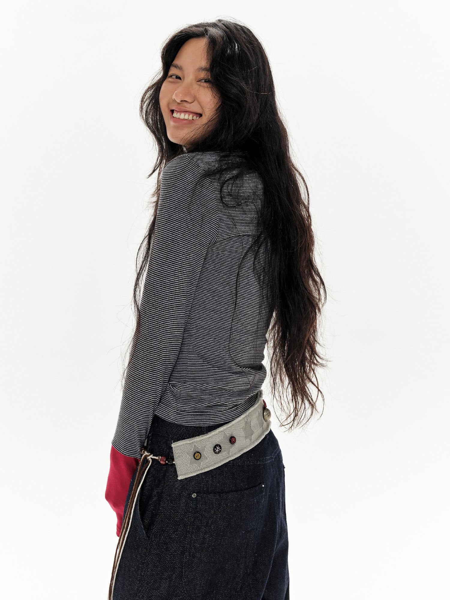oinimi Green Star Contrast Belt With Lotus Buttons