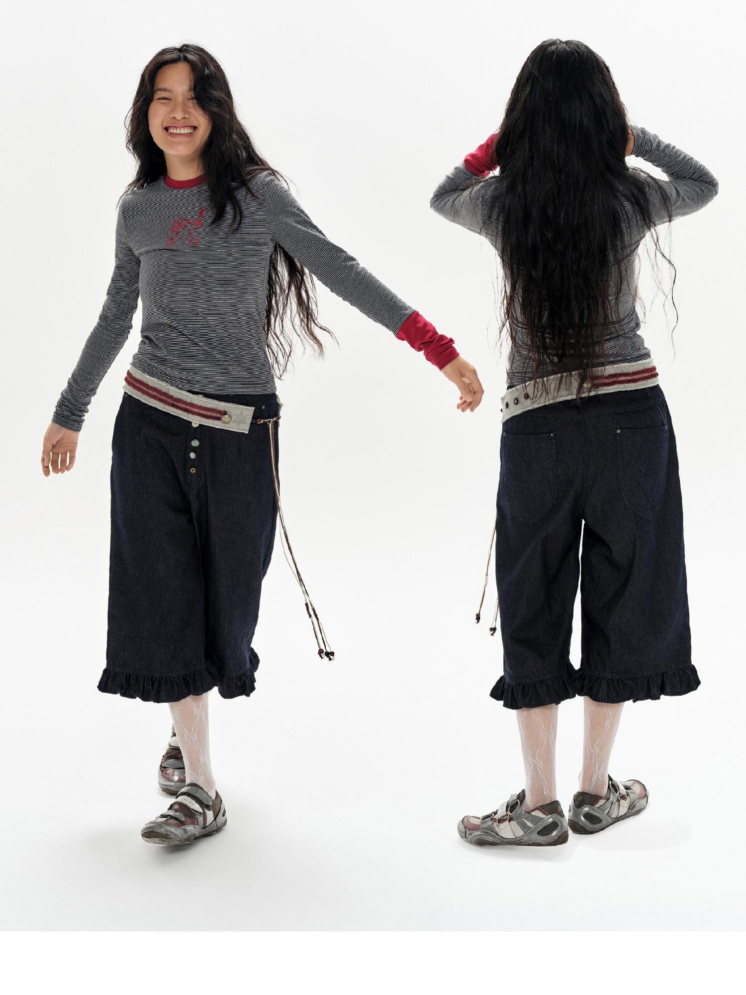 oinimi Green Star Contrast Belt With Lotus Buttons