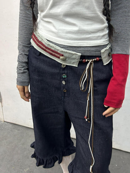 oinimi Green Star Contrast Belt With Lotus Buttons