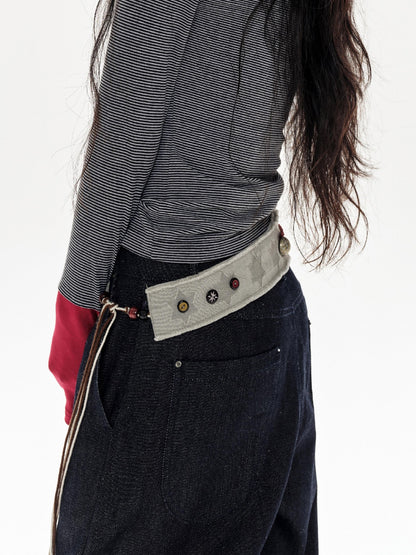 oinimi Green Star Contrast Belt With Lotus Buttons