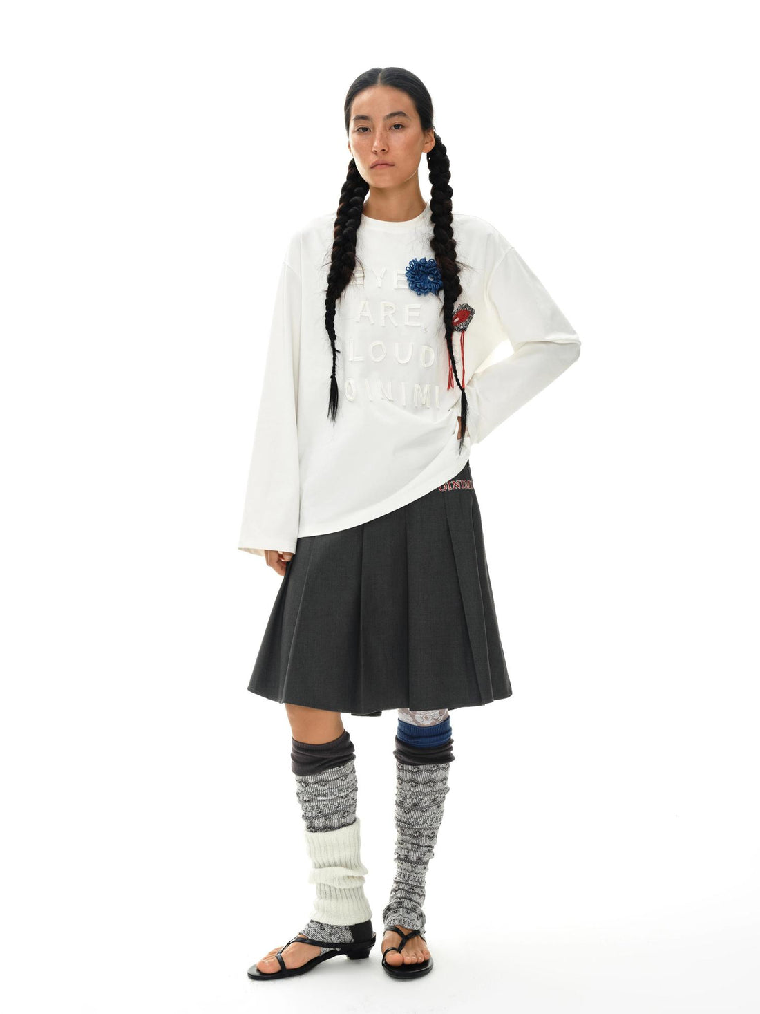 oinimi Grey Pleated Skirt With Double Layer Waistband
