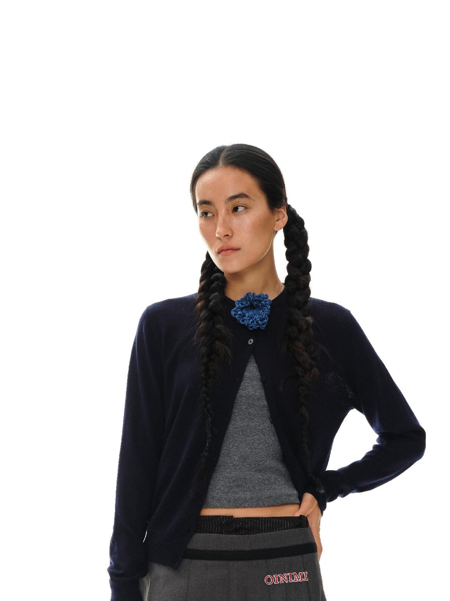 oinimi Grey Pleated Skirt With Double Layer Waistband