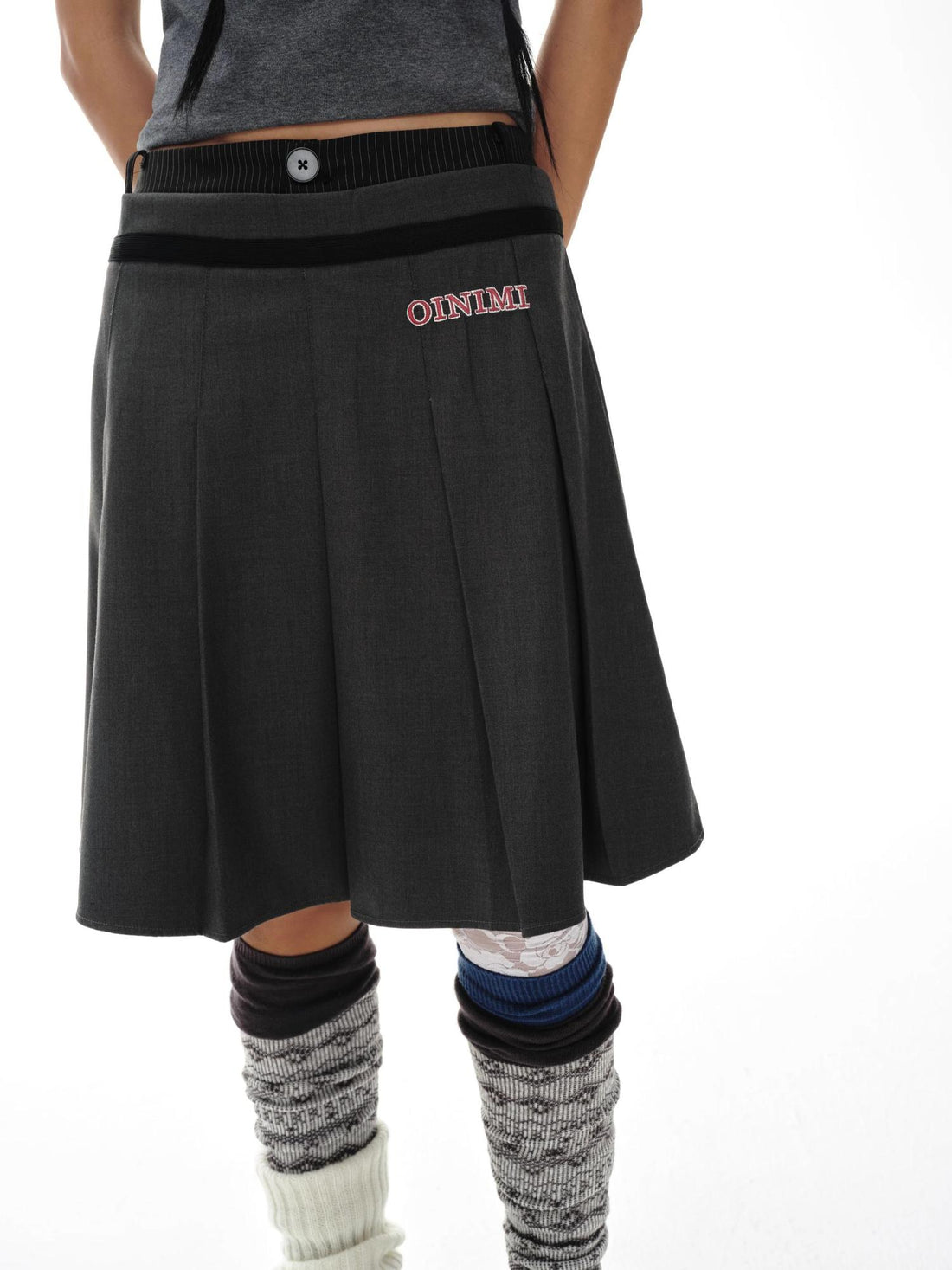 oinimi Grey Pleated Skirt With Double Layer Waistband