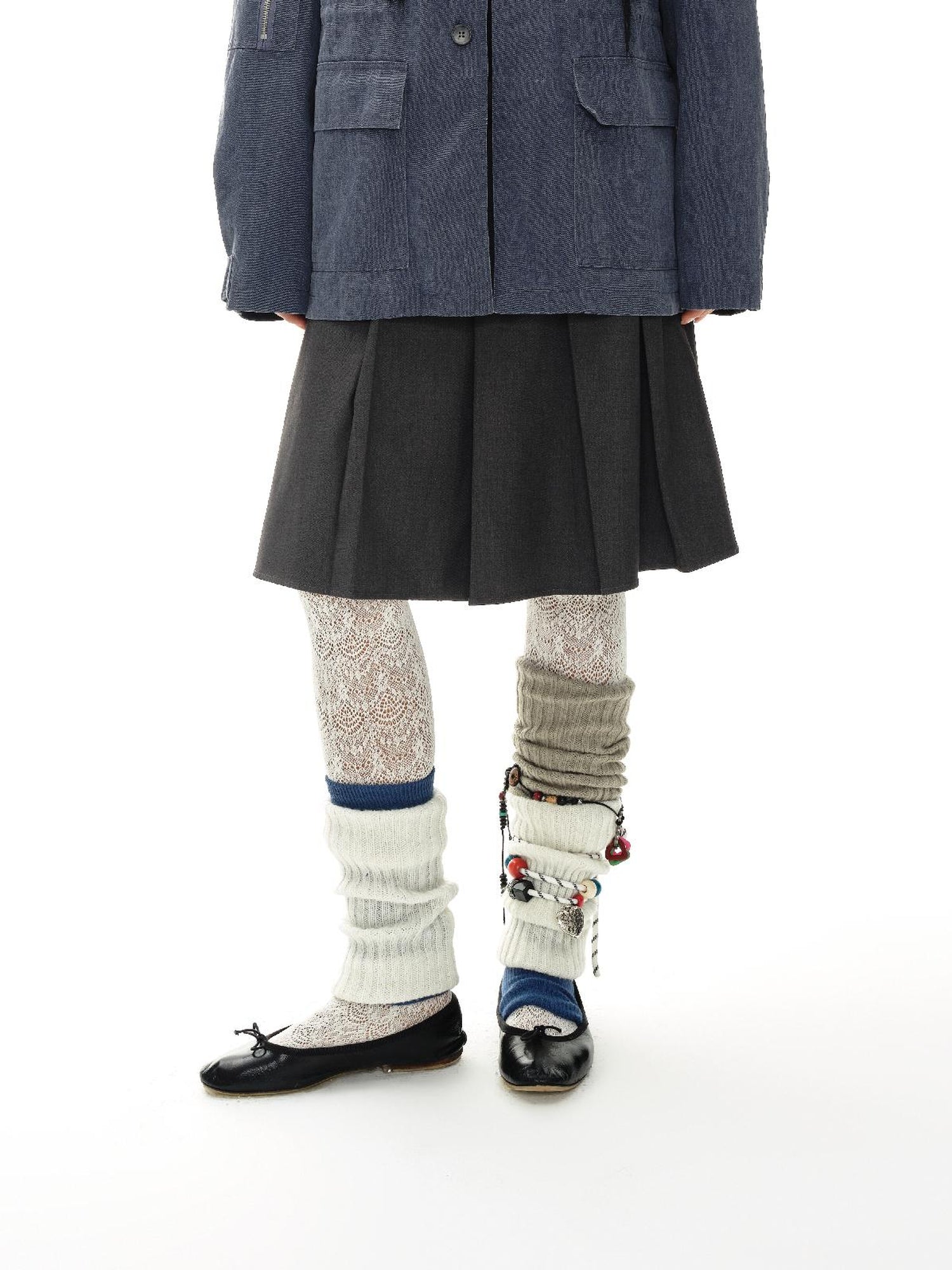 oinimi Grey Pleated Skirt With Double Layer Waistband