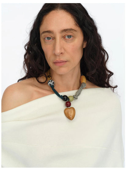 Handmade Patchwork Wood Heart Pendant Adjustable Necklace