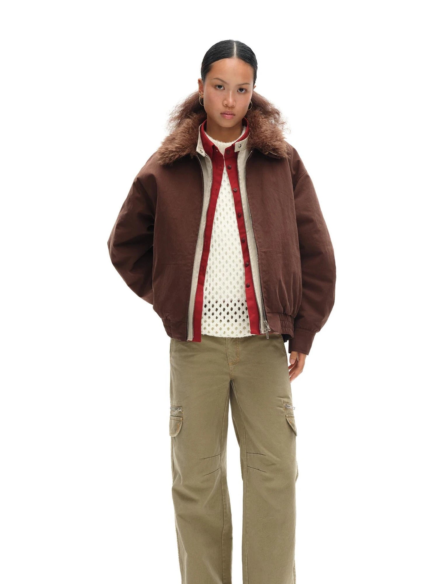 Harrington Jacket With Detachable Fur Collar And Multi Placket