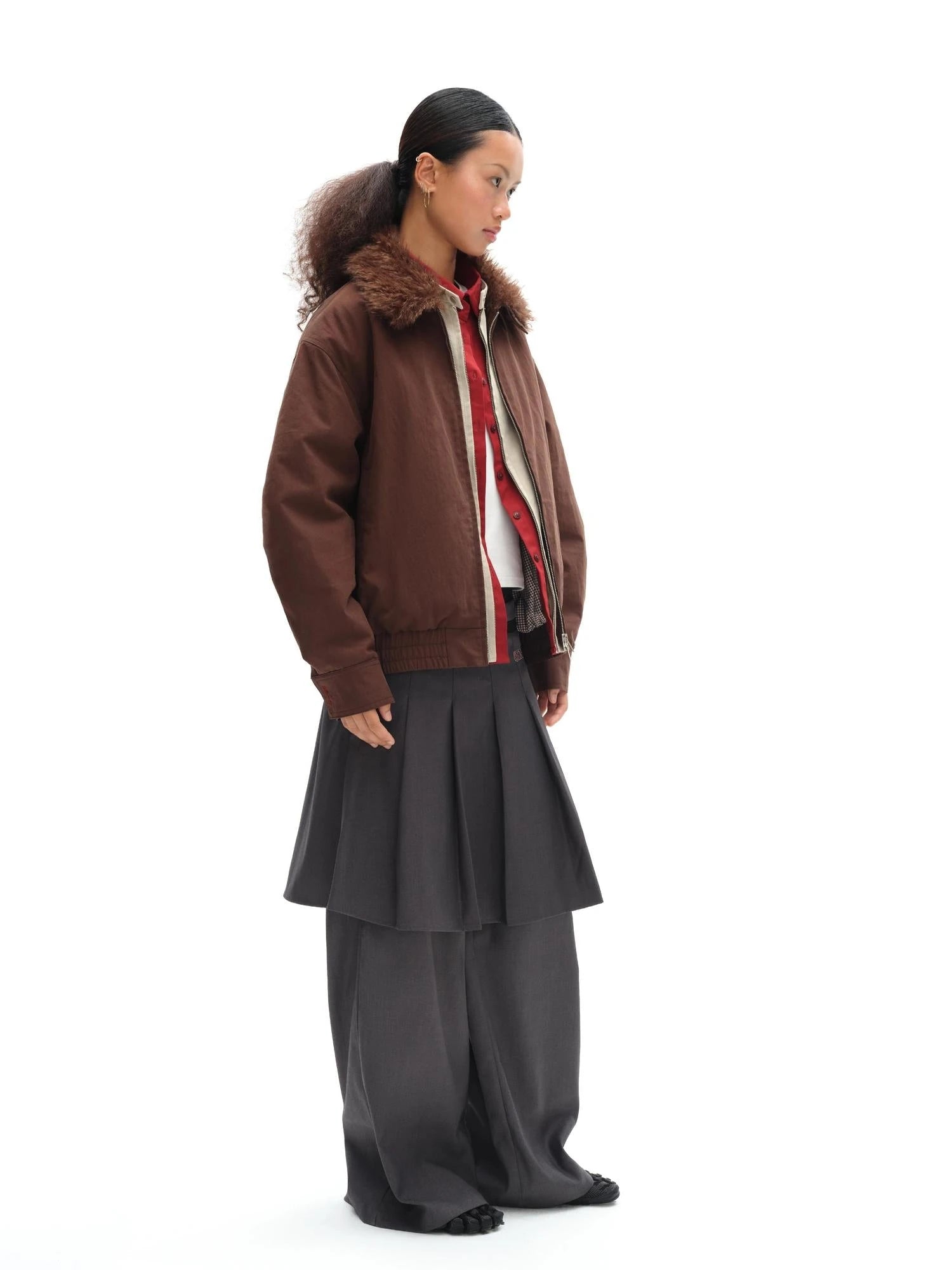 Harrington Jacket With Detachable Fur Collar And Multi Placket