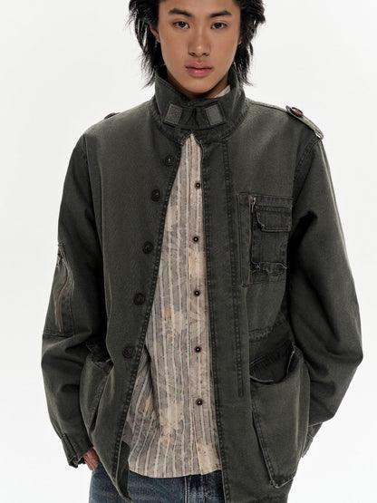 oinimi Heavy Washed Vintage Utility Jacket Parka Casual Outerwear