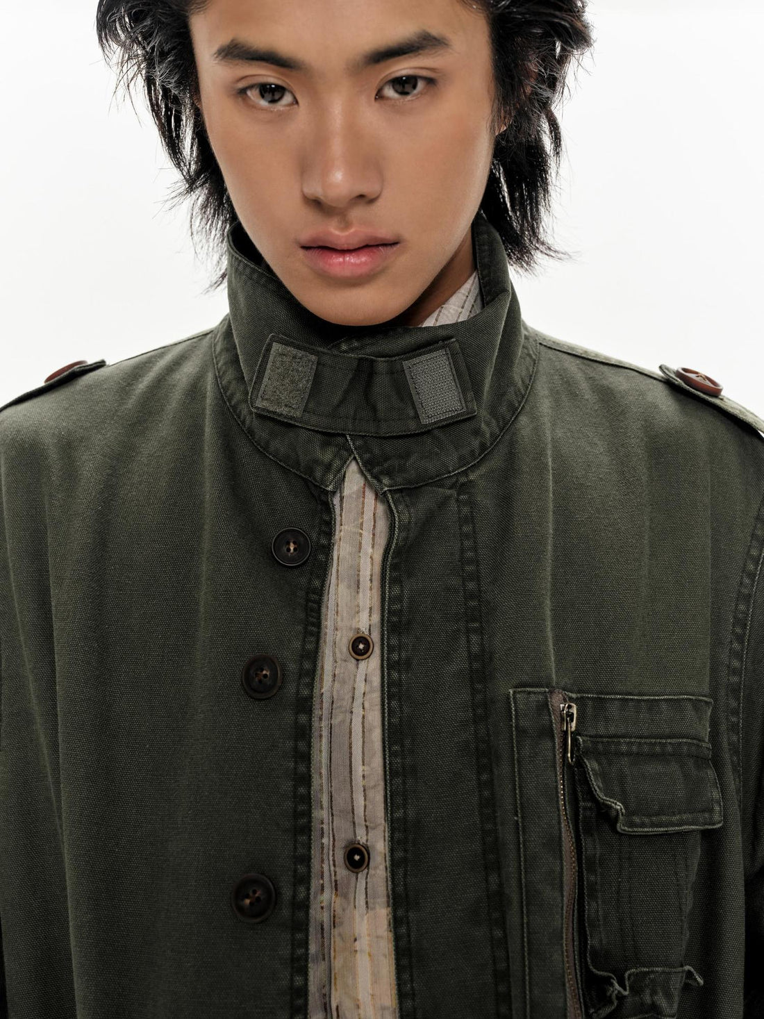 oinimi Heavy Washed Vintage Utility Jacket Parka Casual Outerwear