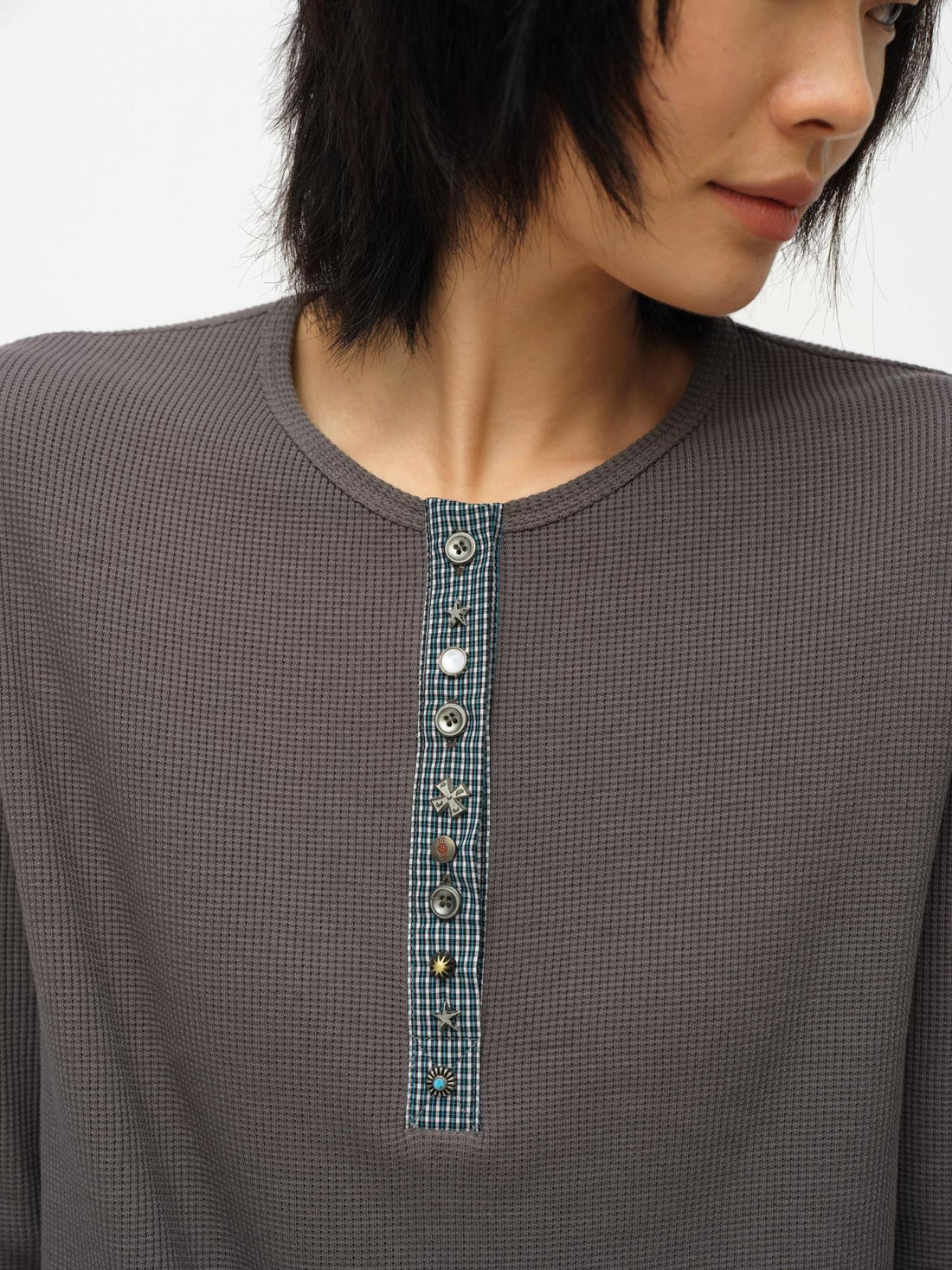 oinimi Henry Collar Waffle Long Sleeve Tee Slim Fit Basic Top