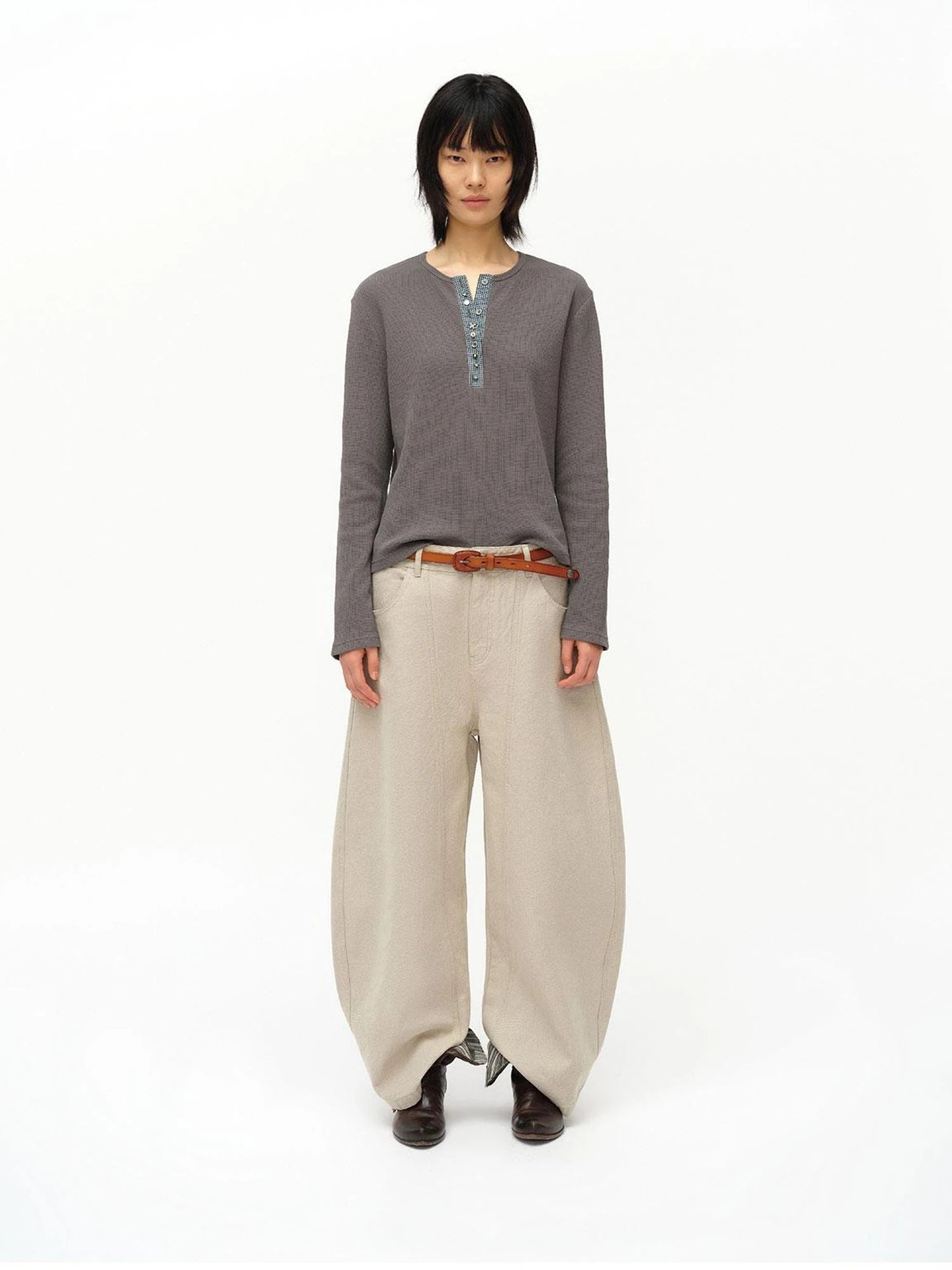 Henry Collar Waffle Long Sleeve Tee Slim Fit Basic Top