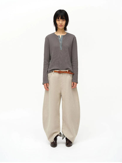 Henry Collar Waffle Long Sleeve Tee Slim Fit Basic Top