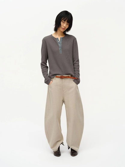 Henry Collar Waffle Long Sleeve Tee Slim Fit Basic Top