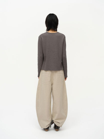 oinimi Henry Collar Waffle Long Sleeve Tee Slim Fit Basic Top