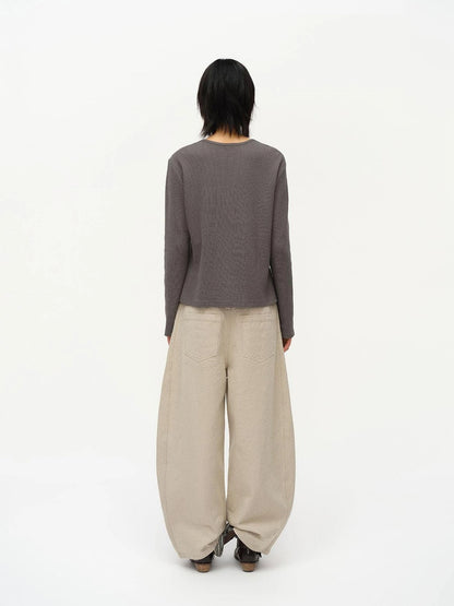 Henry Collar Waffle Long Sleeve Tee Slim Fit Basic Top