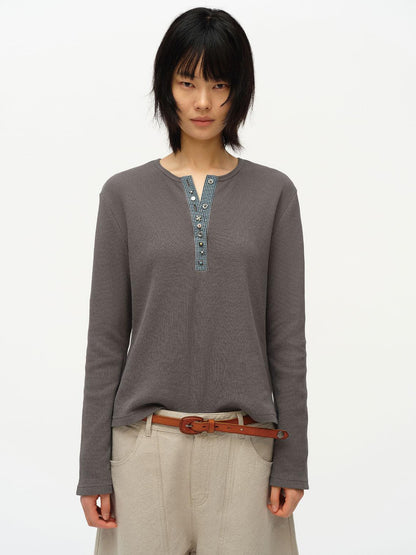oinimi Henry Collar Waffle Long Sleeve Tee Slim Fit Basic Top