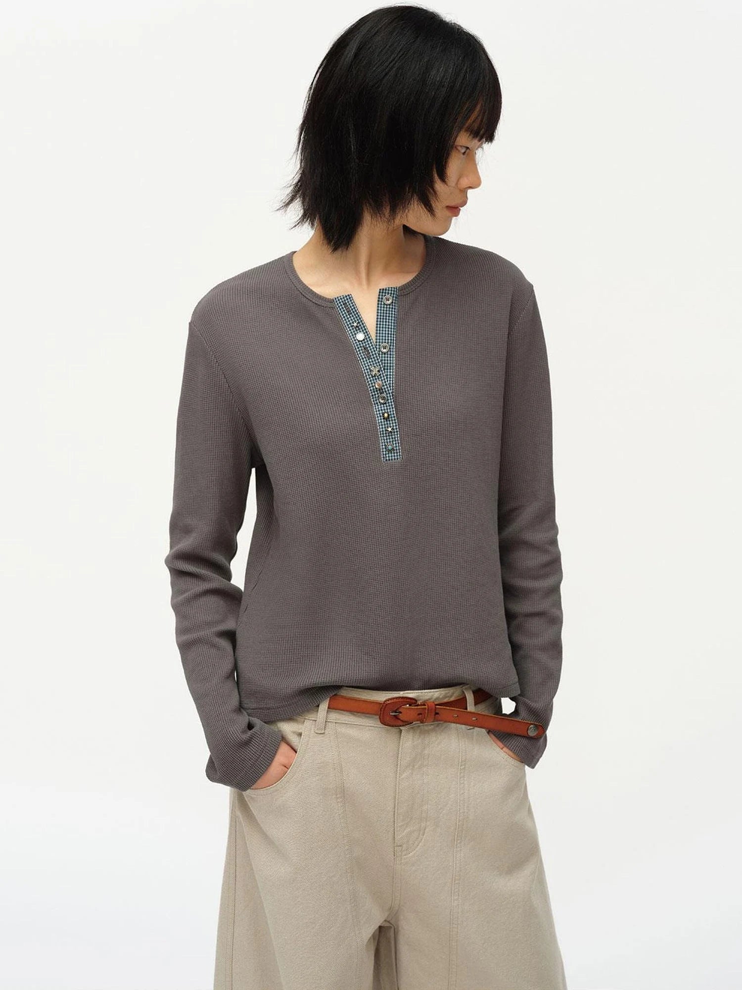 Henry Collar Waffle Long Sleeve Tee Slim Fit Basic Top