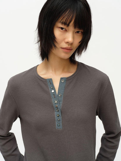 oinimi Henry Collar Waffle Long Sleeve Tee Slim Fit Basic Top
