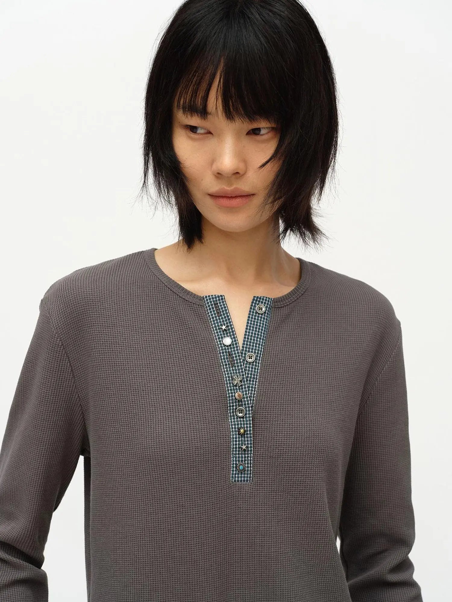 Henry Collar Waffle Long Sleeve Tee Slim Fit Basic Top