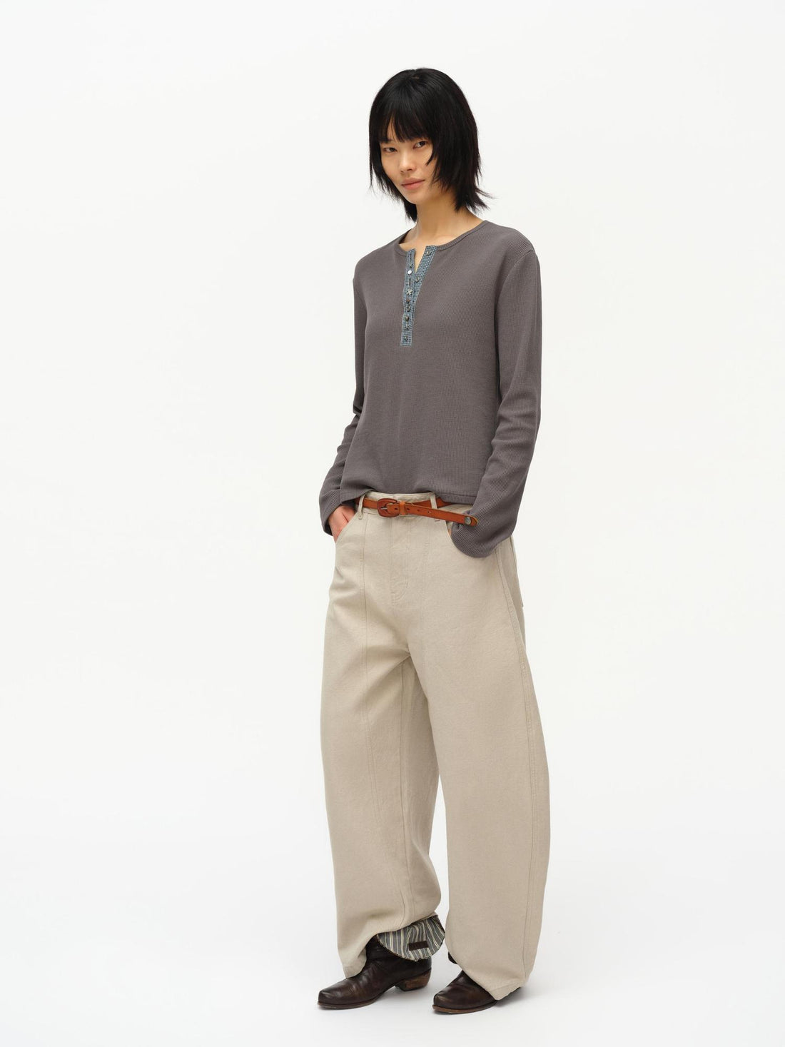 oinimi Henry Collar Waffle Long Sleeve Tee Slim Fit Basic Top