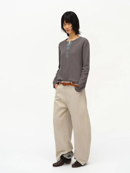 Henry Collar Waffle Long Sleeve Tee Slim Fit Basic Top