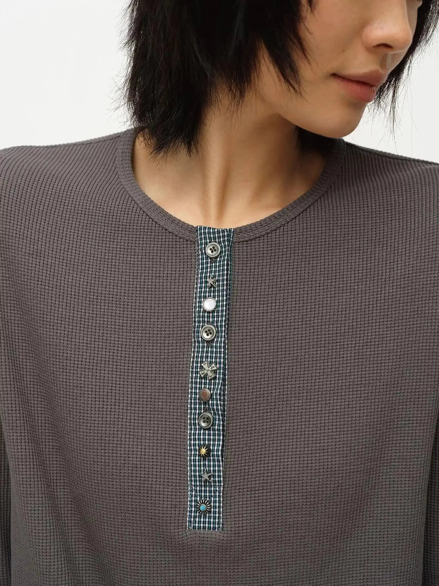 Henry Collar Waffle Long Sleeve Tee Slim Fit Basic Top