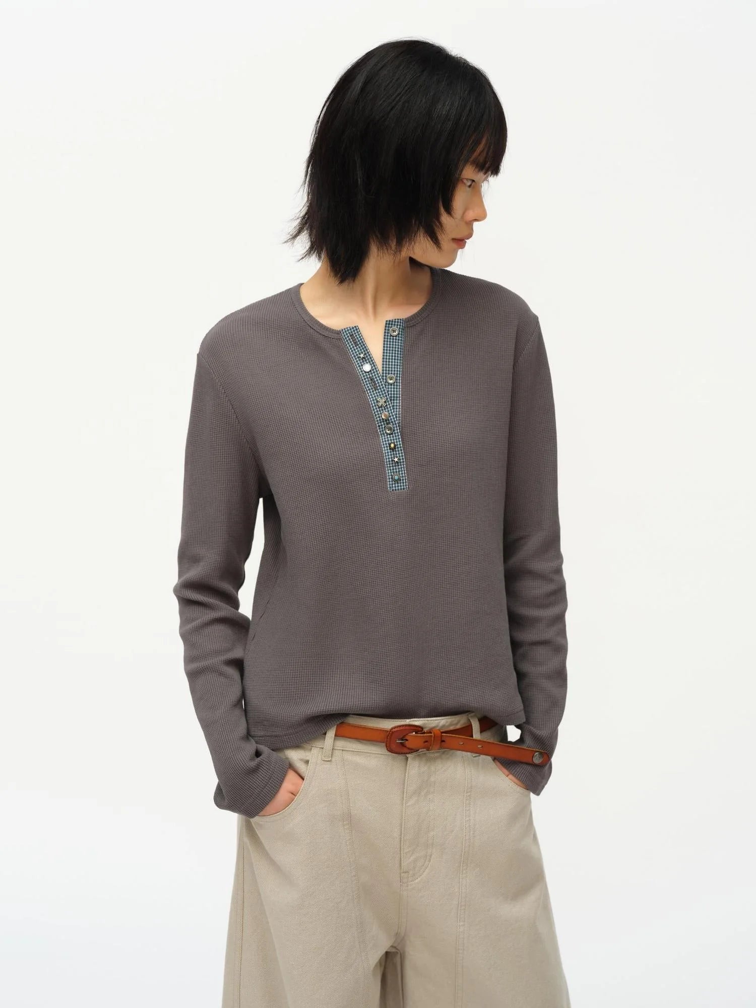Henry Collar Waffle Long Sleeve Tee Slim Fit Basic Top