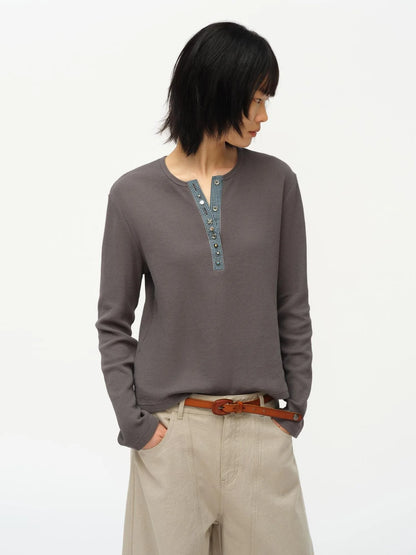 Henry Collar Waffle Long Sleeve Tee Slim Fit Basic Top
