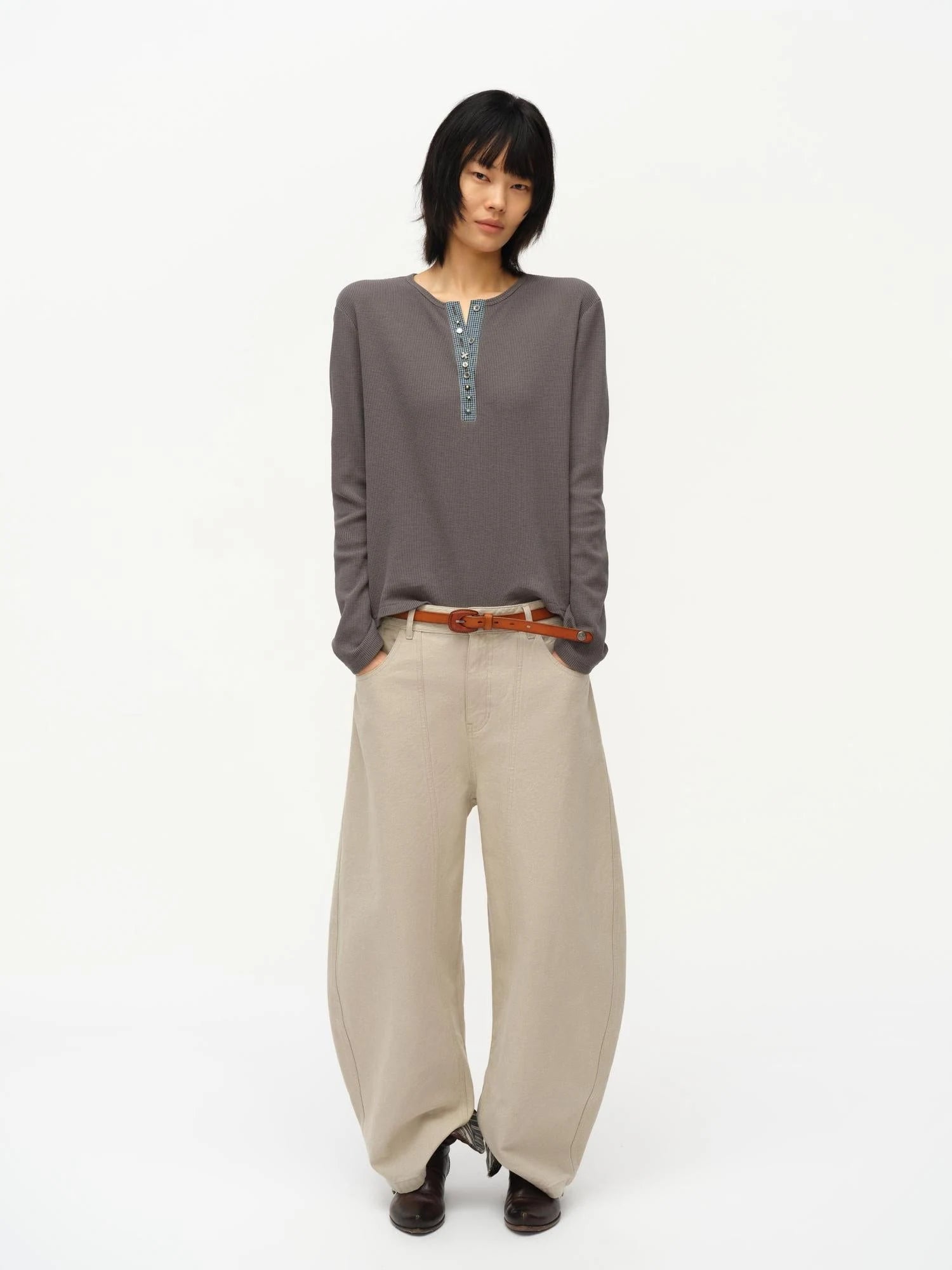 Henry Collar Waffle Long Sleeve Tee Slim Fit Basic Top