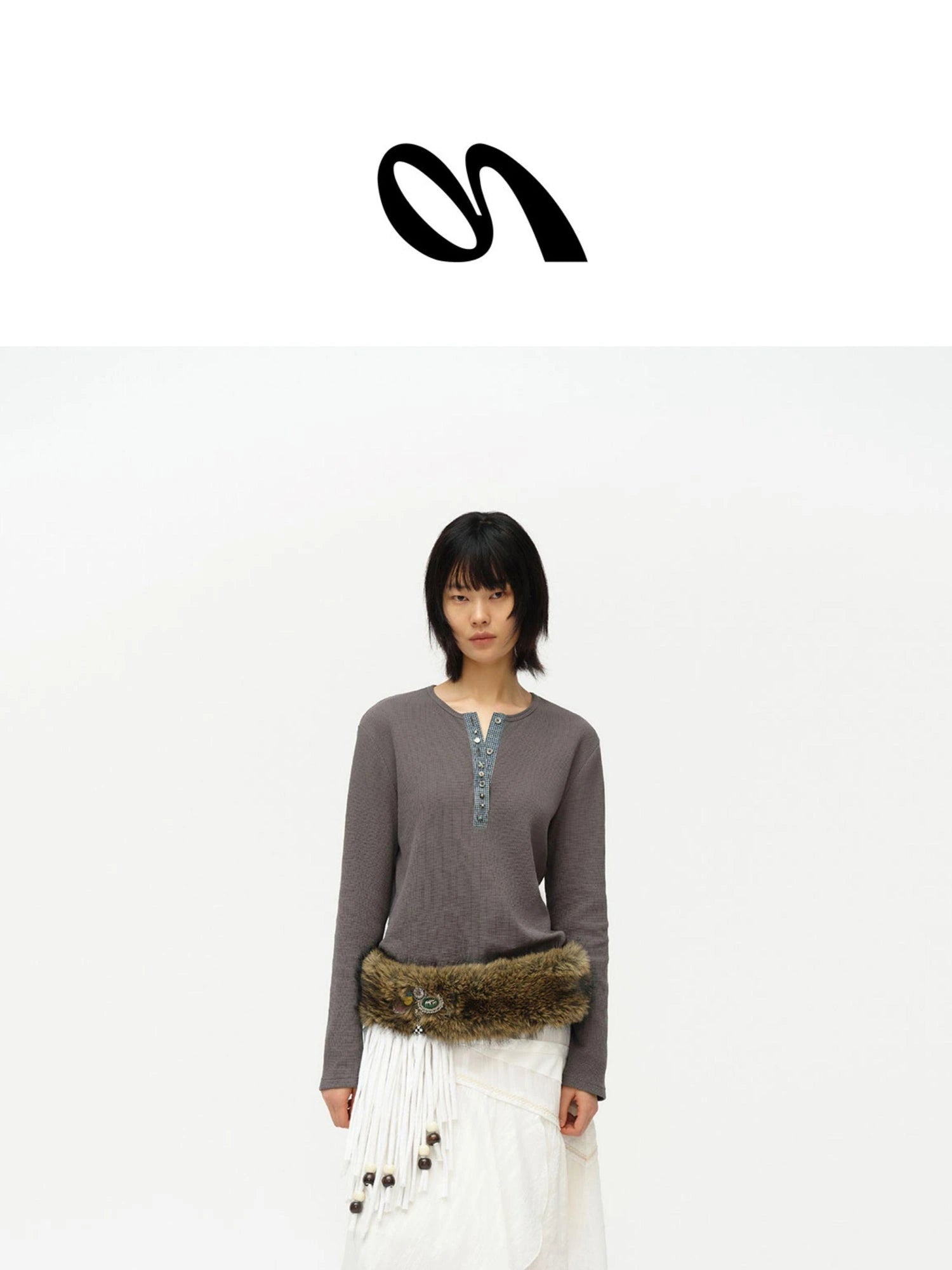 Henry Collar Waffle Long Sleeve Tee Slim Fit Basic Top