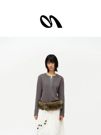 Henry Collar Waffle Long Sleeve Tee Slim Fit Basic Top