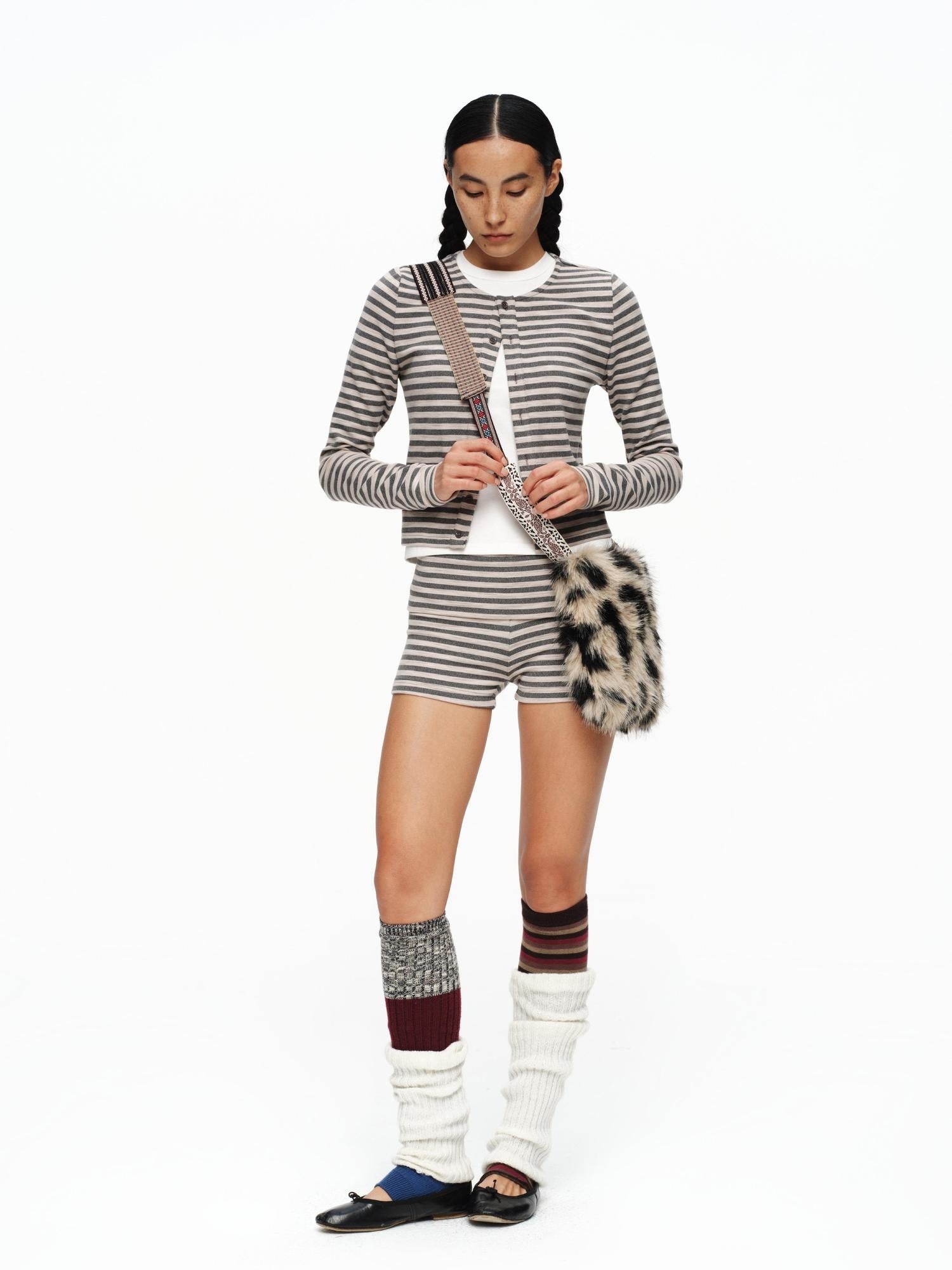 oinimi High Stretch Warm Striped Natural Waist Women Polyester Shorts