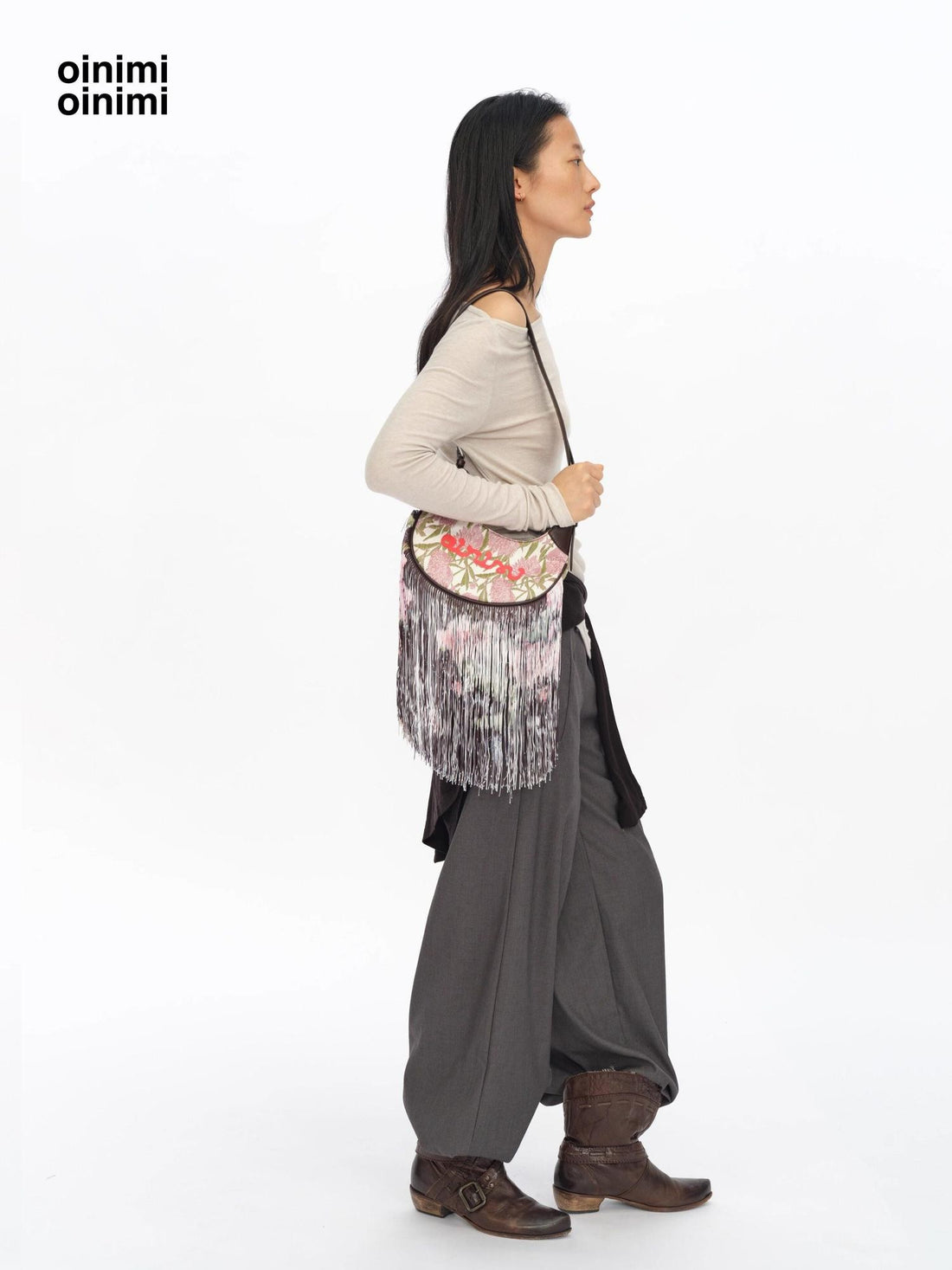 oinimi Jacquard Floral Waterfall Tassel Mini Saddle Bucket Women&