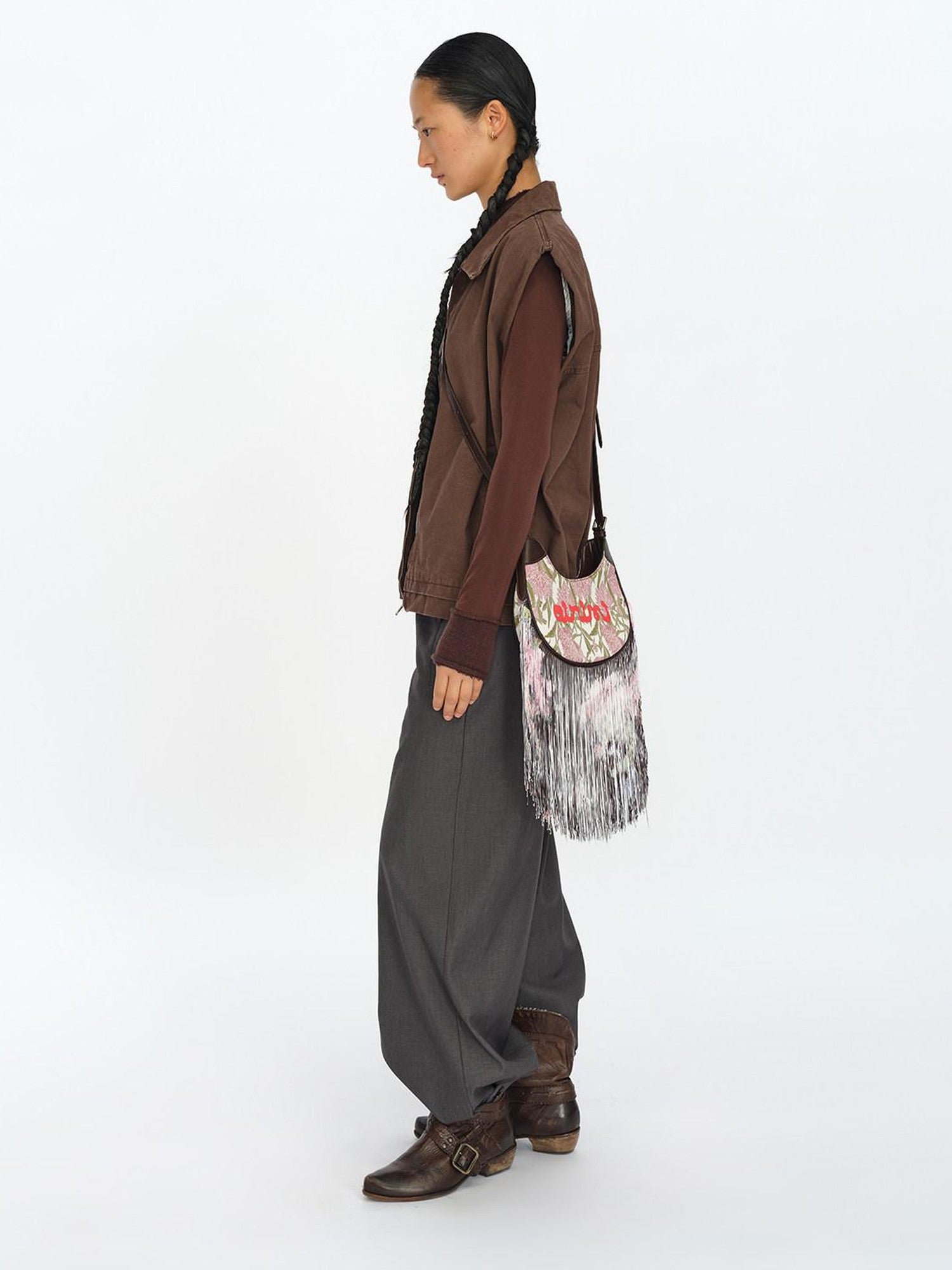 oinimi Jacquard Floral Waterfall Tassel Mini Saddle Bucket Women&