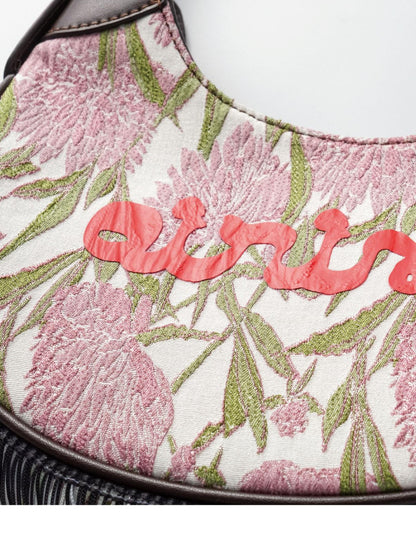 oinimi Jacquard Floral Waterfall Tassel Mini Saddle Bucket Women&