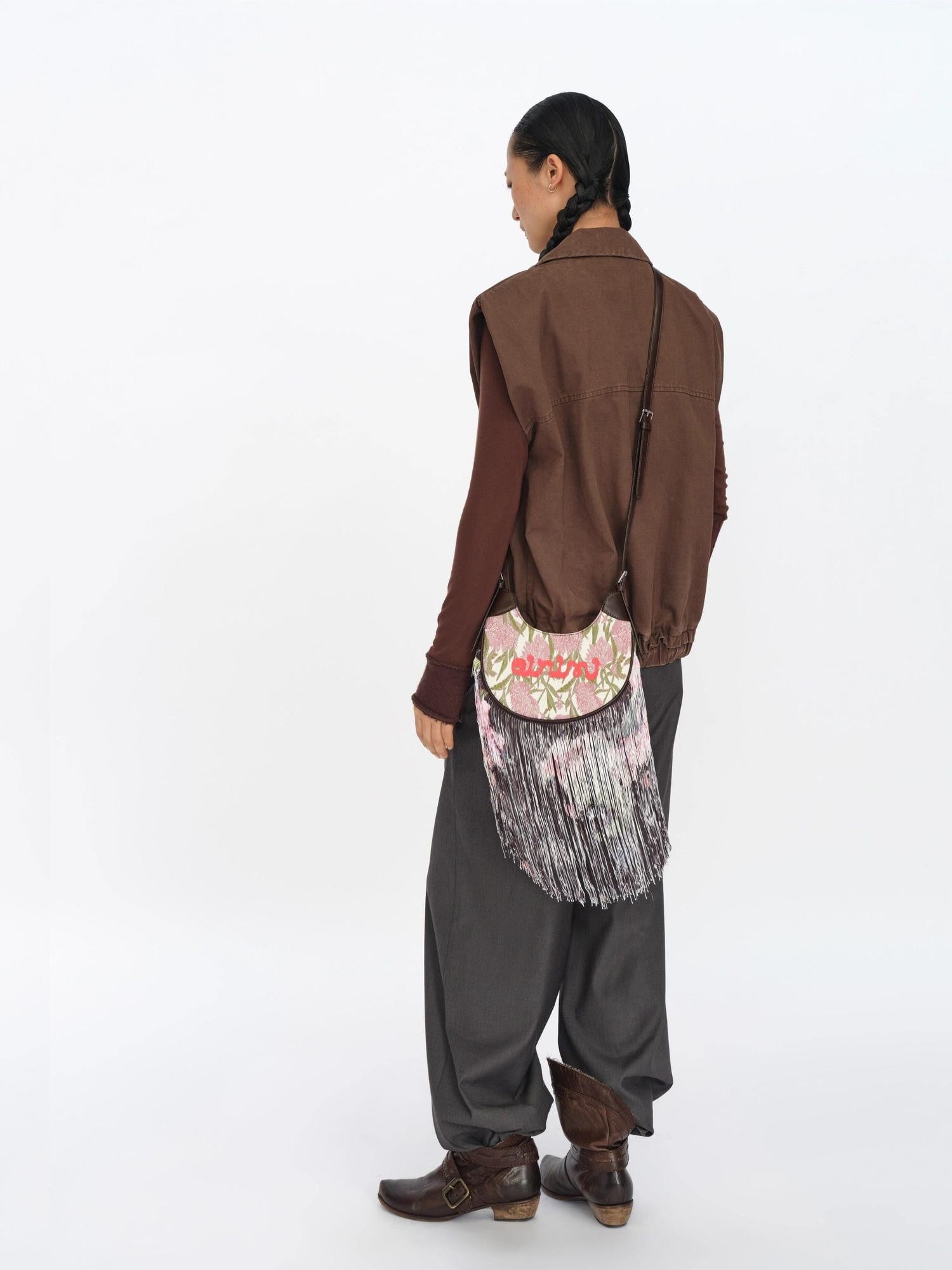 oinimi Jacquard Floral Waterfall Tassel Mini Saddle Bucket Women&