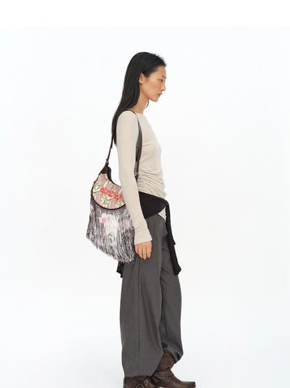 oinimi Jacquard Floral Waterfall Tassel Mini Saddle Bucket Women&