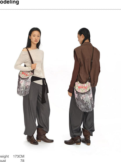 oinimi Jacquard Floral Waterfall Tassel Mini Saddle Bucket Women&