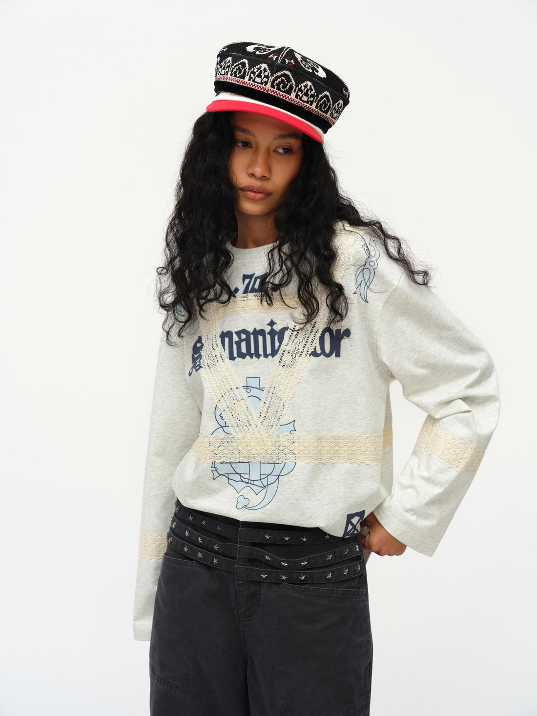 oinimi Lace Applique Graphic Sailor V-Neck T-Shirt Long-Sleeve