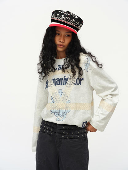 oinimi Lace Applique Graphic Sailor V-Neck T-Shirt Long-Sleeve