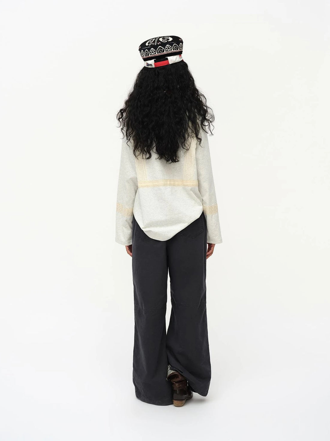 Lace Applique Graphic Sailor V-Neck T-Shirt Long-Sleeve