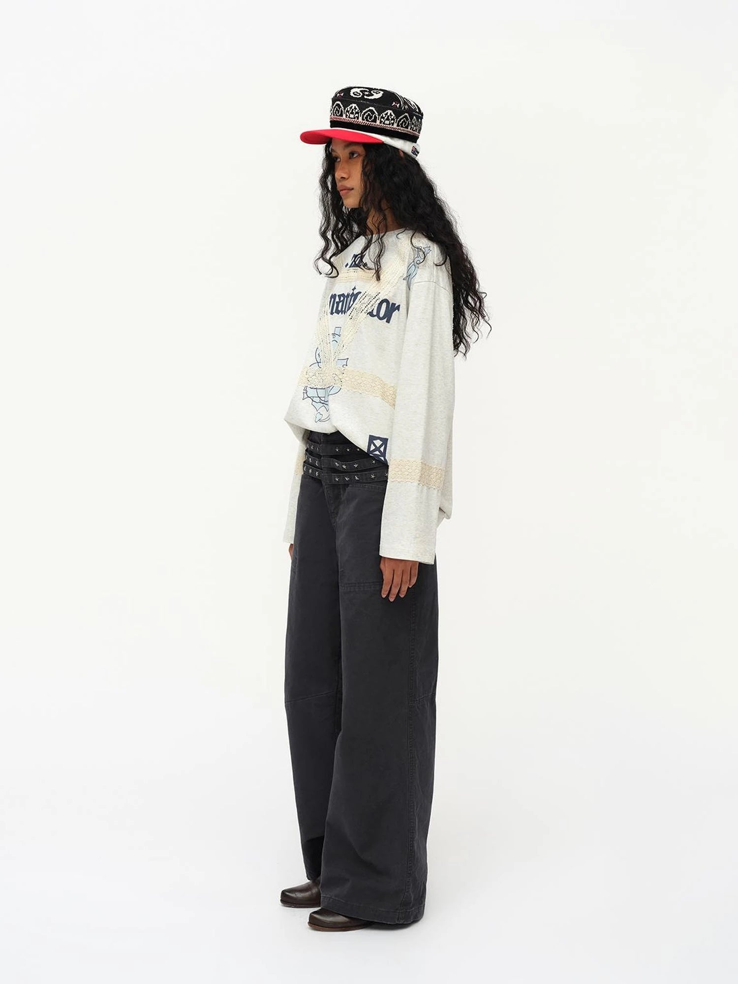 Lace Applique Graphic Sailor V-Neck T-Shirt Long-Sleeve