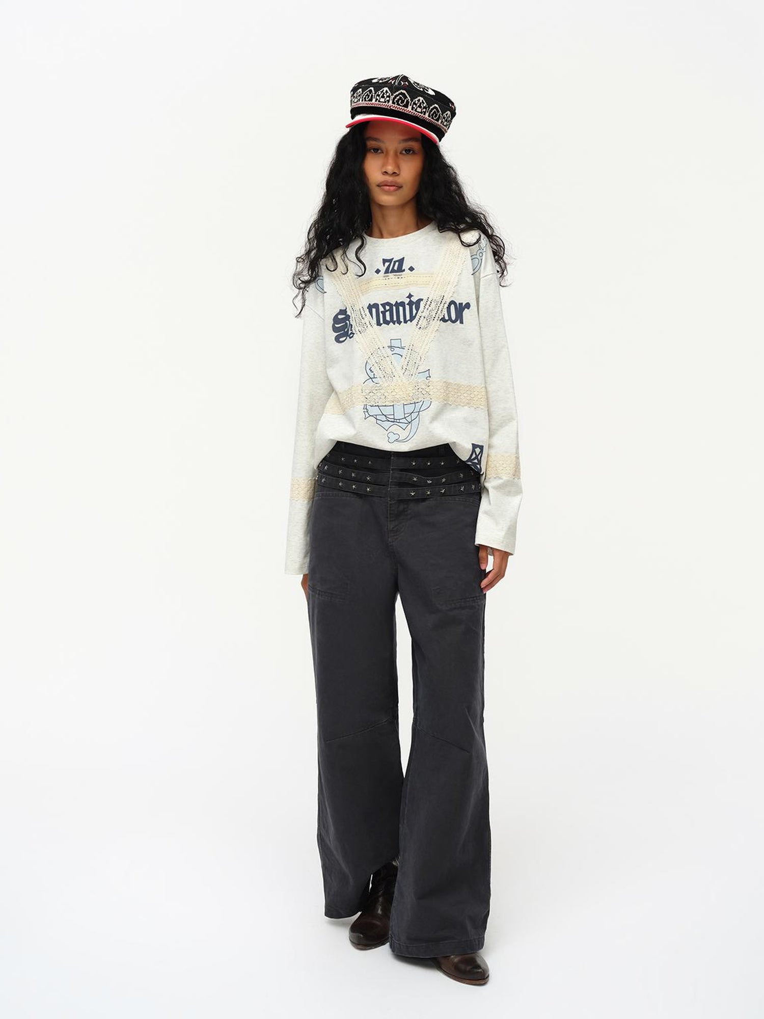 oinimi Lace Applique Graphic Sailor V-Neck T-Shirt Long-Sleeve