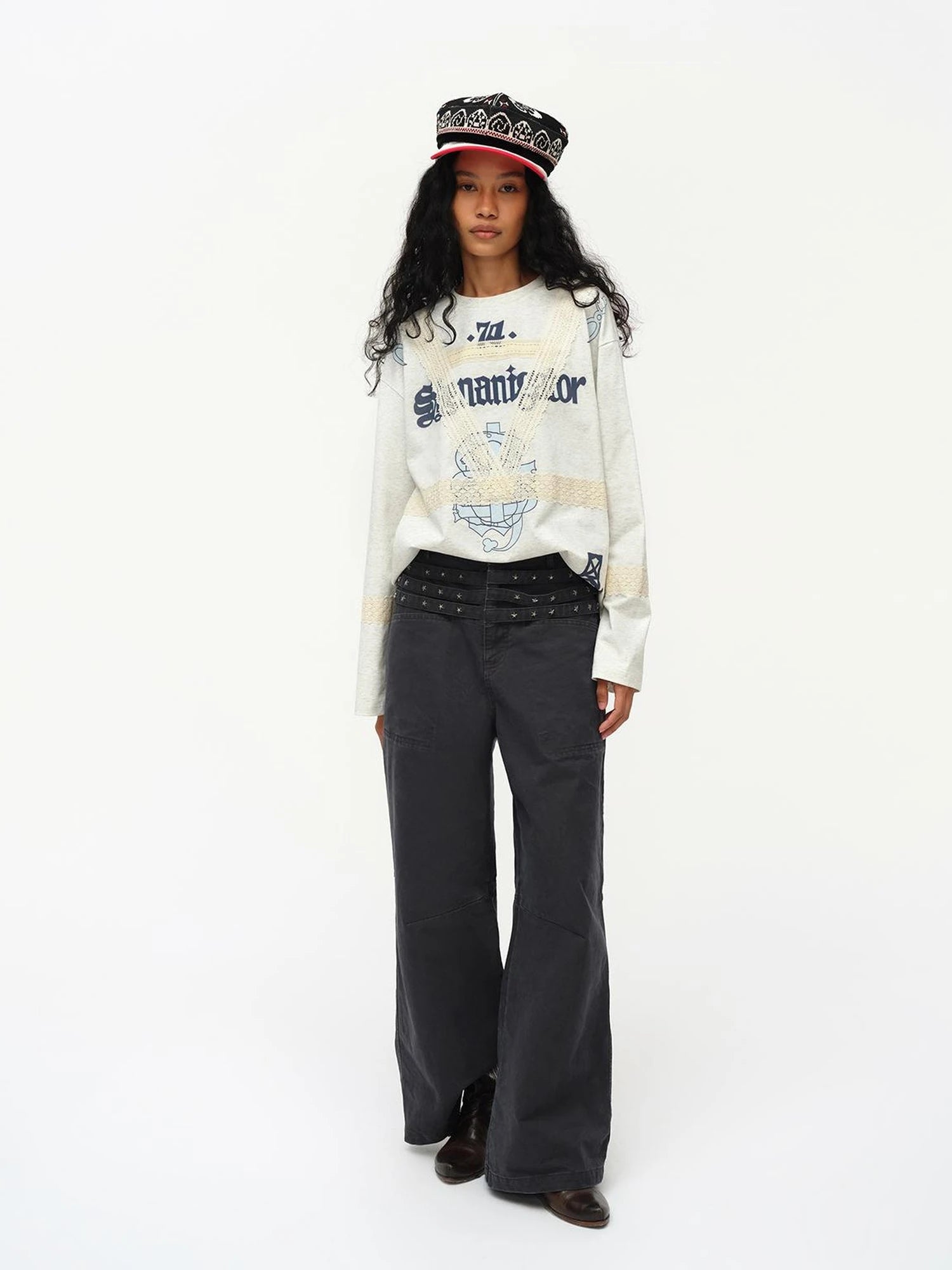 Lace Applique Graphic Sailor V-Neck T-Shirt Long-Sleeve