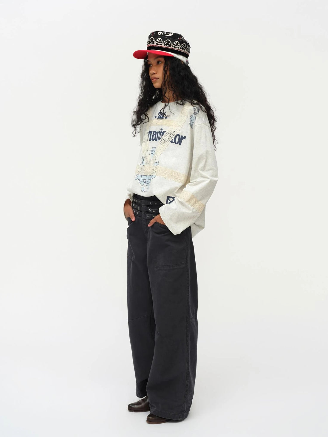 Lace Applique Graphic Sailor V-Neck T-Shirt Long-Sleeve