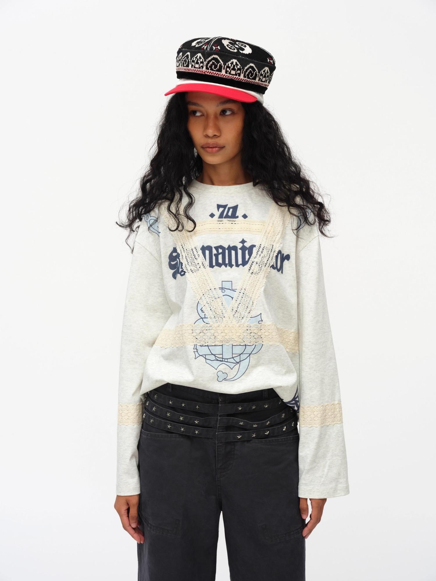 oinimi Lace Applique Graphic Sailor V-Neck T-Shirt Long-Sleeve