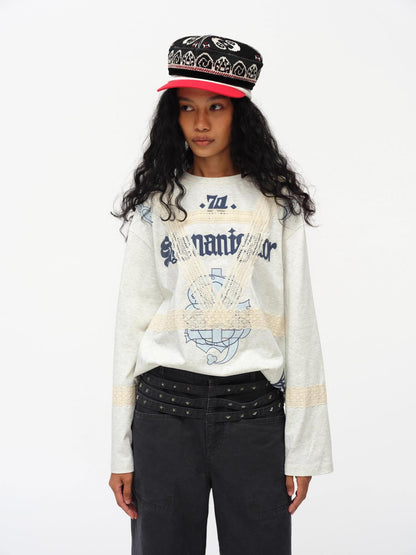 oinimi Lace Applique Graphic Sailor V-Neck T-Shirt Long-Sleeve